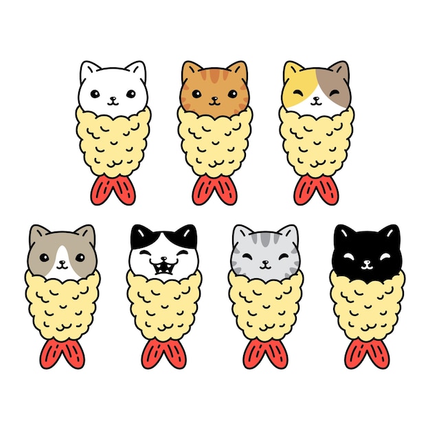 Ícone de gato tempura gatinho chita japão personagem de comida ilustração animal de estimação dos desenhos animados