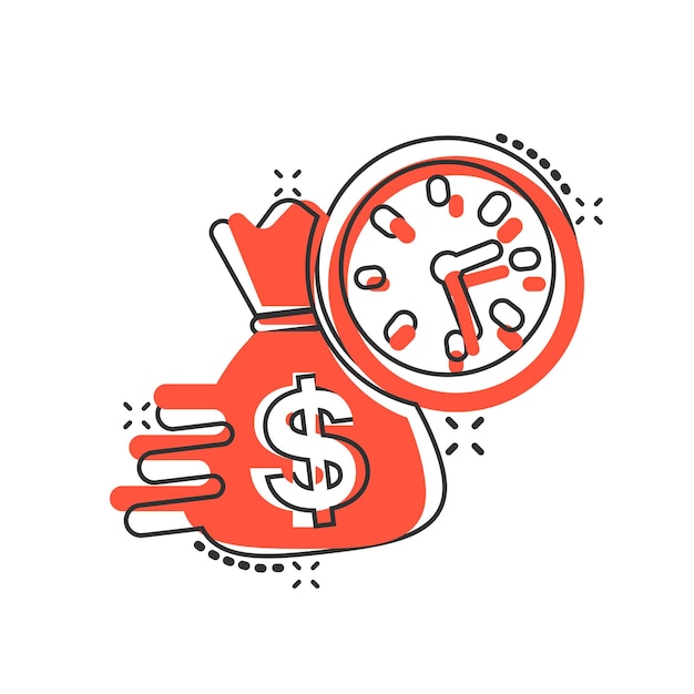Vetor Ícone de gestão de negócios e finanças de desenho vetorial em estilo cômico tempo é dinheiro ilustração conceito pictograma conceito de efeito de respingo de negócios de estratégia financeira