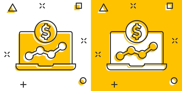 Ícone de gráfico de computador portátil em estilo cômico ilustração em vetor de desenho animado de diagrama de dinheiro em fundo branco isolado conceito de negócio de efeito de respingo de processo financeiro