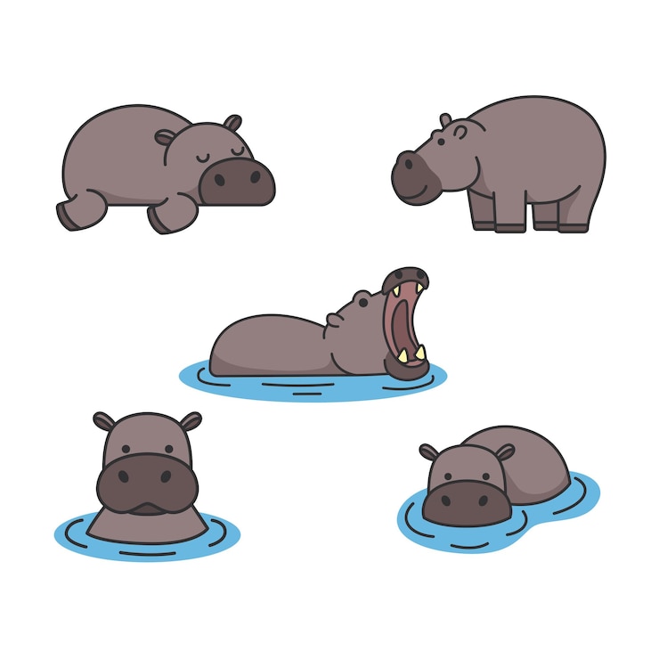 Vetor ícone de hipopótamo definido em estilo de desenho animado ilustração vetorial