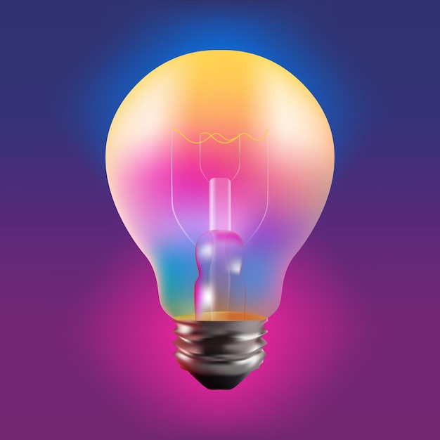 Ícone de idéia de lâmpada objeto luz amarela em um fundo de gradiente lâmpada de luz estilo desenho animado 3d luz multicolor ilustração vetorial