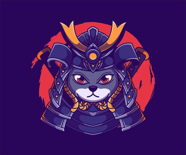 Ícone de ilustração de personagem de gato samurai corajoso estilo de desenho animado plano