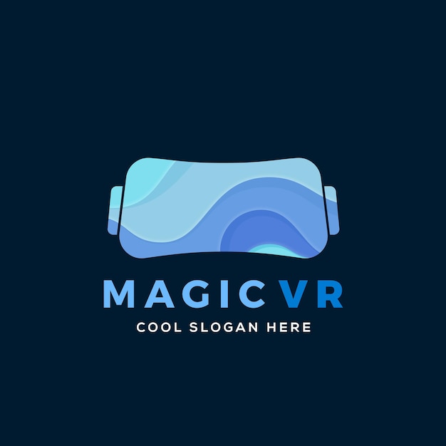 Ícone de ilustração vetorial abstrato de realidade virtual mágica sinal ou logotipo modelo óculos eletrônicos fone de ouvido silhueta com ondas azuis sobre fundo azul escuro