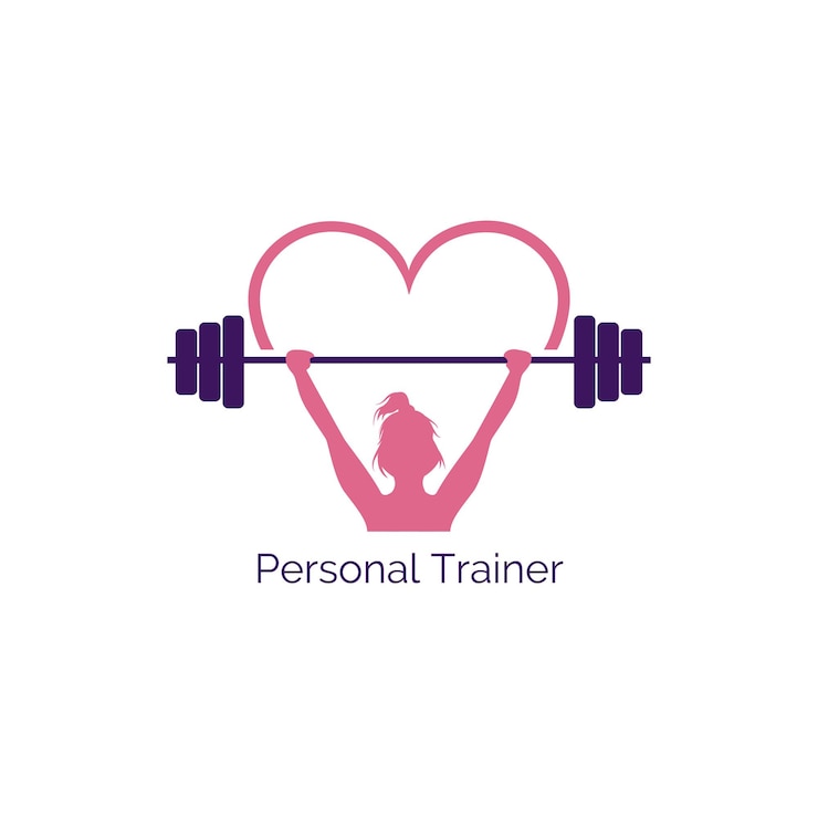 Ícone de ilustração vetorial de uma garota levantando uma barra. Conceito de personal trainer em estilo feminino rosa e roxo