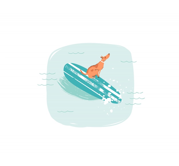 Vetor Ícone de ilustrações divertidas de tempo de verão desenhadas à mão com cachorro surfista nadando em longboard nas ondas do oceano azul sobre fundo branco