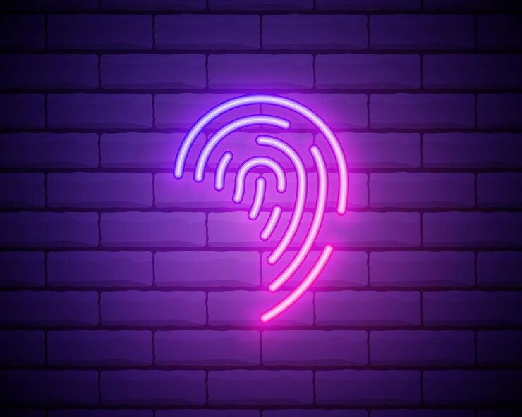 Vetor ícone de impressão digital de néon brilhante isolado no fundo da parede de tijolos ícone do aplicativo id sinal de identificação touch id ilustração vetorial