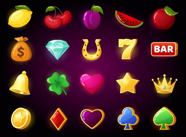 Ícone de jogo de slot de desenho animado, símbolos de jogos de cassino. cereja, diamante, slots de máquina de fiação de coroa, jogos de azar online, conjunto de vetores de ícones de jogos para celular