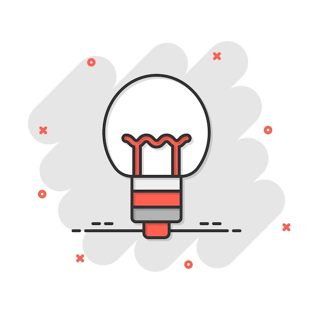 Ícone de lâmpada em estilo cômico ilustração em vetor de desenho animado de lâmpada em fundo branco isolado conceito de negócio de sinal de efeito de respingo de lâmpada de energia