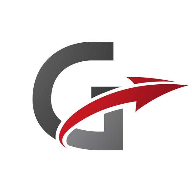 Ícone de letra g em maiúsculas vermelha e preta com uma flecha