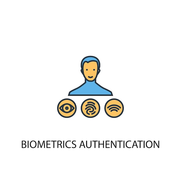 Ícone de linha colorida do conceito 2 de autenticação biométrica. Ilustração simples elemento amarelo e azul. Projeto de símbolo de contorno de conceito de autenticação biométrica