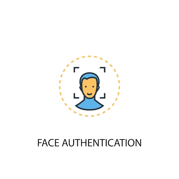 Ícone de linha colorida do conceito 2 de autenticação de rosto. Ilustração simples elemento amarelo e azul. design de símbolo de contorno de conceito de autenticação facial