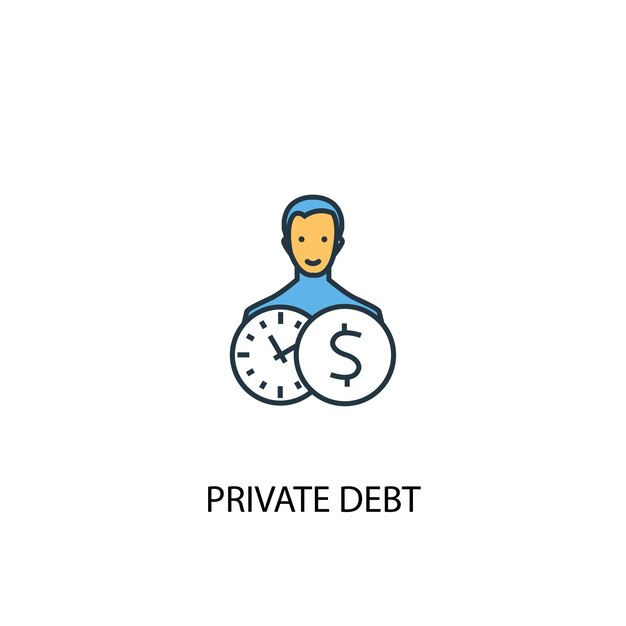 Ícone de linha colorida do conceito 2 de dívida privada. Ilustração simples elemento amarelo e azul. Projeto de símbolo de esboço de conceito de dívida privada