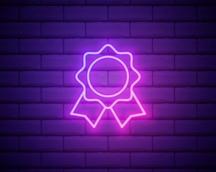 Ícone de linha de medalha de prêmio Luzes de laser de néon Símbolo de conquista do vencedor Sinal de glória ou honra Distintivo de banner com ícone de recompensa Vetor isolado na parede de tijolos
