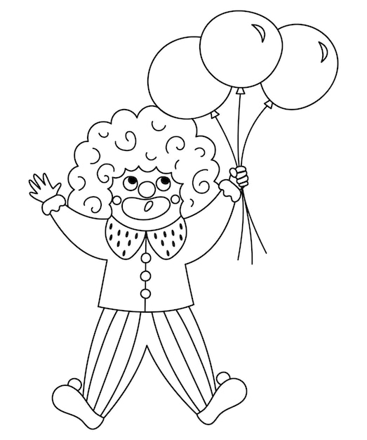 Ícone de linha de palhaço vetorial clipart de artista de circo em preto e branco homem de férias de diversões voando em um monte de balões personagem bonito e engraçado do festival página para colorir ilustração de comediante de show de ruaxa