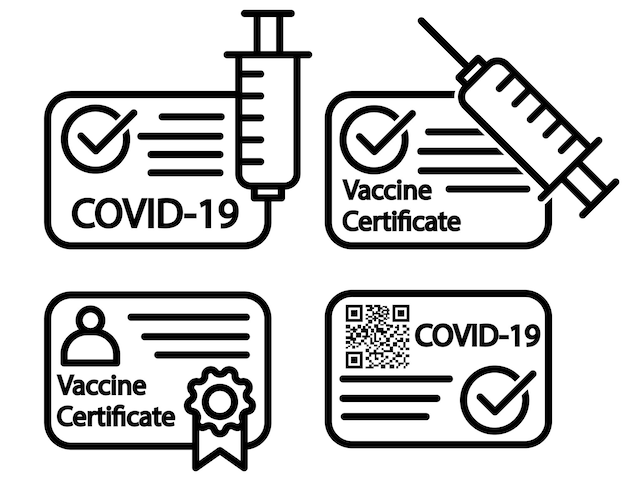 Vetor Ícone de linha de passaporte de vacina certificado de vacinação com marca de seleção ilustração vetorial