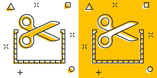 Ícone de linhas de corte de cupom em estilo cômico tesoura corta ilustração vetorial de sinal de desenho animado em fundo branco isolado conceito de negócio de efeito de respingo de adesivo de venda