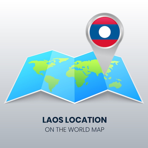 Ícone de localização do laos no mapa do mundo, ícone de pinos redondos do laos