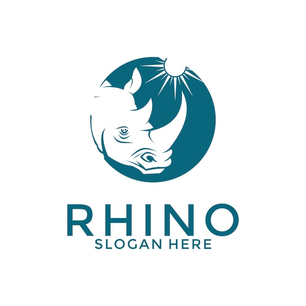 Ícone de logotipo da empresa de cabeça de rinoceronte e sol emblema de identidade da marca premium rhinoceros