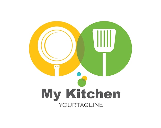 Ícone de logotipo de espátula e panela de ilustração vetorial de cozinha e kithen
