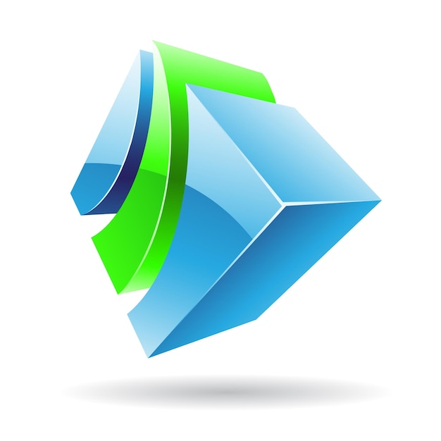 Ícone de logotipo metálico abstrato brilhante 3d de forma listrada verde e azul
