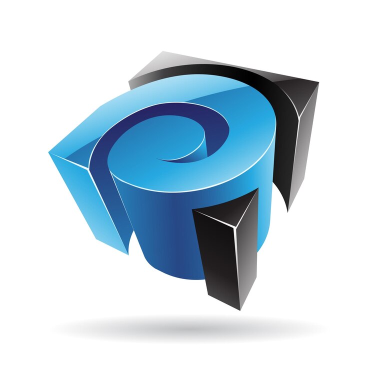 Vetor ícone de logotipo metálico brilhante abstrato 3d de forma espiral azul e preta