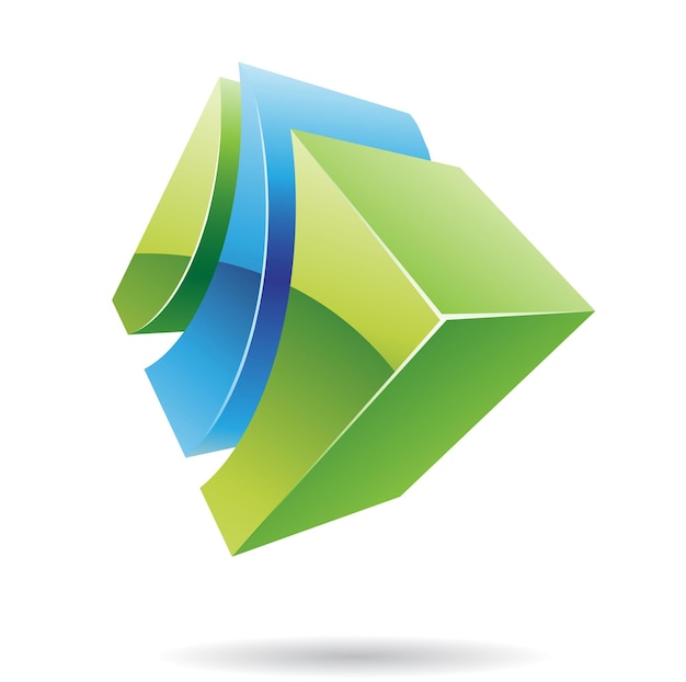 Ícone de logotipo metálico brilhante abstrato 3d de forma listrada verde e azul