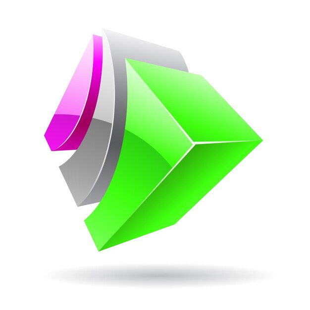 Ícone de logotipo metálico brilhante abstrato 3d de forma listrada verde magenta e cinza