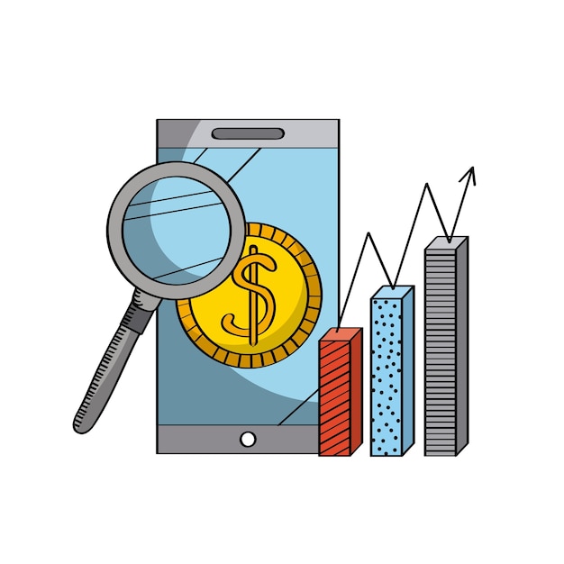 Ícone de lupa e smartphone e gráfico gráfico