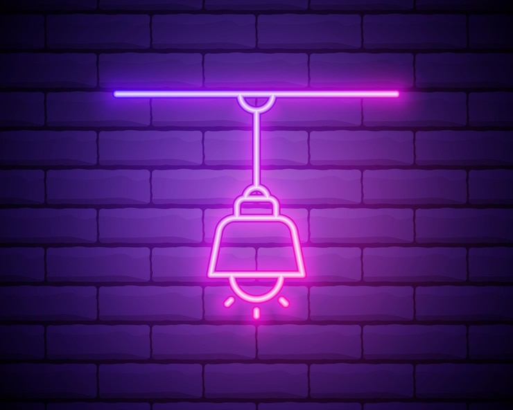 Vetor ícone de lustre de linha de néon brilhante isolado no fundo da parede de tijolos ilustração vetorial