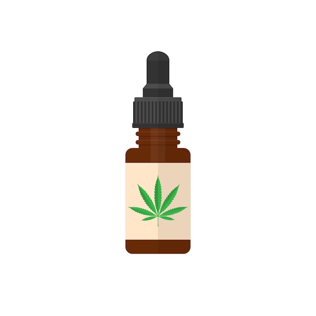 Ícone de maconha médica em estilo plano Óleo de cânhamo em uma garrafa Extrato de cannabis de óleo de CBD Ilustração vetorial isolada em fundo branco10 eps