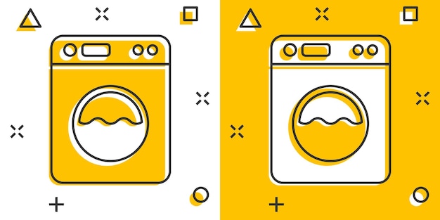 Ícone de máquina de lavar em estilo cômico ilustração em vetor de desenho animado de arruela em fundo branco isolado conceito de negócio de efeito de respingo de lavanderia