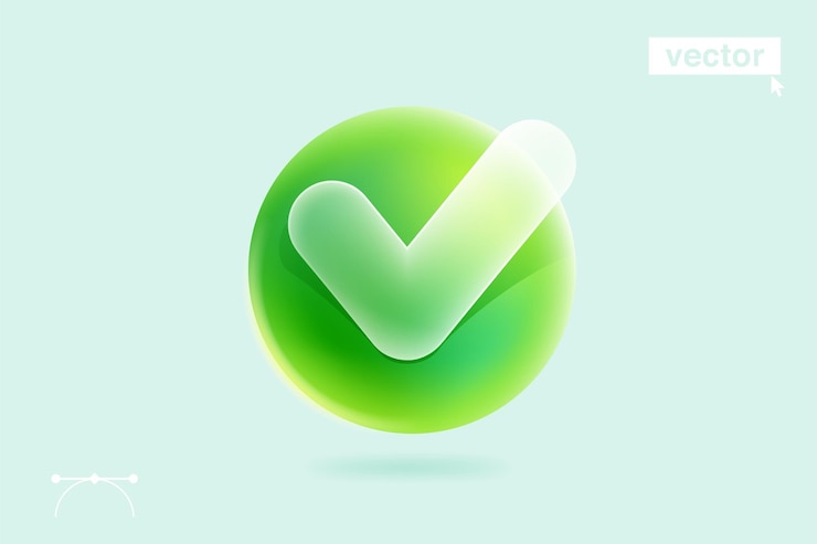 Ícone de marca de seleção transparente estilo glassmorphism no logotipo de carrapato isolado 3d da esfera verde