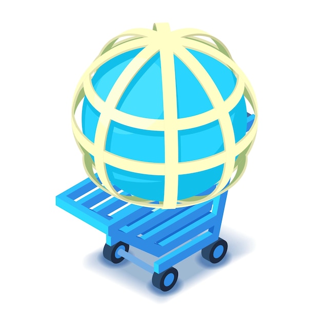 Ícone de marketing global vetor isométrico grade globo em ícone de carrinho de compras azul comércio internacional globalização de negócios de comércio eletrônico