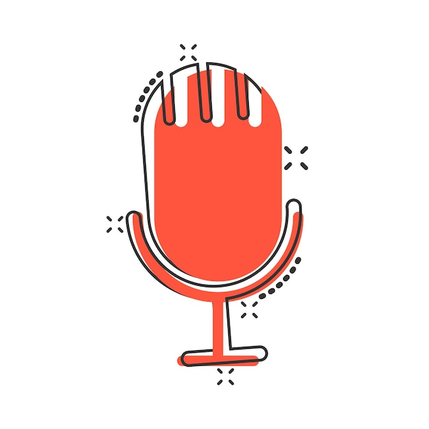 Ícone de microfone em estilo cômico ilustração em vetor de desenho animado de estúdio mike em fundo branco isolado conceito de negócio de efeito de respingo de registro de áudio