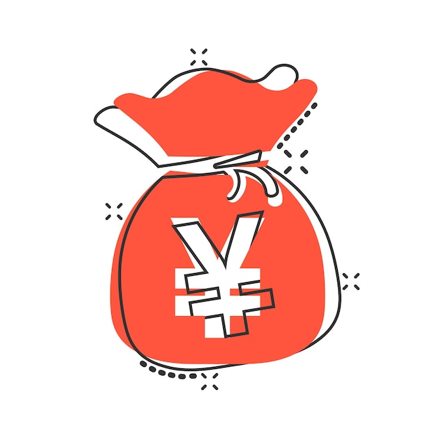 Vetor Ícone de moeda de dinheiro de saco de ienes de desenho vetorial em estilo cômico ilustração de conceito de saco de moedas de ienes pictograma conceito de efeito de respingo de negócios de dinheiro da ásia