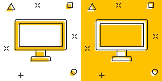 Ícone de monitor em estilo cômico ilustração em vetor de sinal de desenho animado de televisão em fundo branco isolado exibir conceito de negócio de efeito de respingo