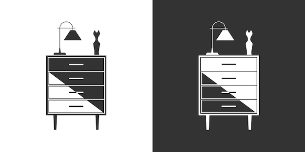 Vetor Ícone de móveis com mesa de noite ícone de interior em fundo preto e branco ícone plano vetorial