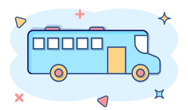 Ícone de ônibus em estilo cômico Ilustração em vetor de desenho animado de treinador em fundo branco isolado Conceito de negócio de efeito de respingo de veículo Autobus