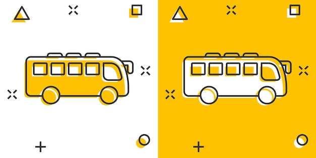 Ícone de ônibus em estilo cômico ilustração em vetor de desenho animado de treinador em fundo branco isolado conceito de negócio de efeito de respingo de veículo autobus