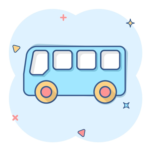 Ícone de ônibus escolar em estilo cômico autobus vector cartoon ilustração em fundo branco isolado efeito de respingo de conceito de negócio de transporte de treinador