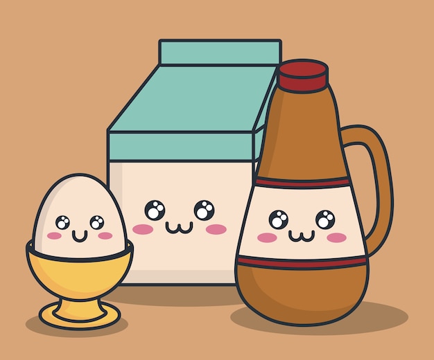 Ícone de ovo e garrafa de caixa de leite kawaii