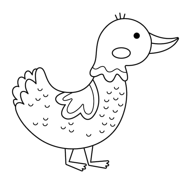 Ícone de pato preto e branco vetorial ilustração de desenho animado bonito para crianças pássaro de fazenda isolado no fundo branco imagem de animais de linha ou página para colorir para criançasxa