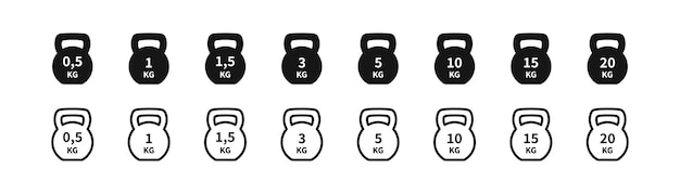 Ícone de peso kg símbolo de haltere pesado sinais esportivos símbolos de medida 05 1 15 3 5 10 15 20 quilograma ícones cor preta vetor sinal isolado