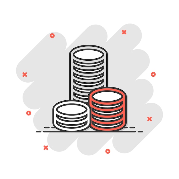 Ícone de pilha de moedas de desenho vetorial em estilo cômico ilustração de sinal de moeda de dinheiro pictograma conceito de efeito de respingo de negócios de dinheiro de moeda