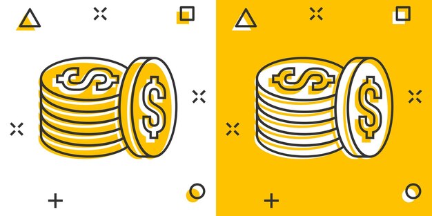 Ícone de pilha de moedas em estilo cômico ilustração em vetor de desenho animado de moeda de dólar em fundo branco isolado conceito de negócio de efeito de respingo empilhado