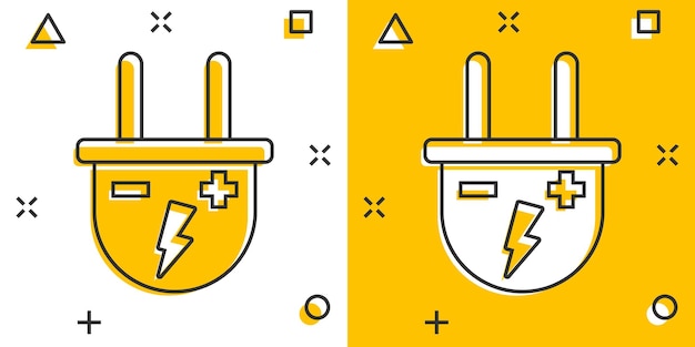 Ícone de plugue elétrico de desenho vetorial em estilo cômico ilustração de sinal de cabo de fio de alimentação pictograma conceito de efeito de respingo de negócios de fio
