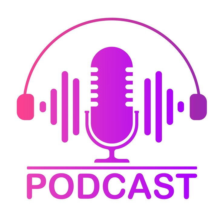 Ícone de podcast A mesa de estúdio de cores é um microfone com símbolos de onda de onda sonora Logotipo do conceito de gravação de áudio de webcast Com fones de ouvido e uma onda de som Ilustração vetorial