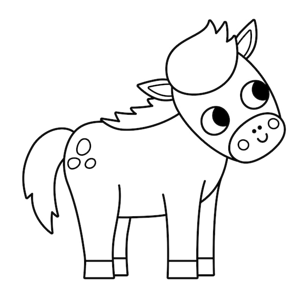 Vetor Ícone de potro preto e branco vetorial ilustração de linha de cavalo de desenho animado bonito para crianças animal de bebê de fazenda isolado em fundo branco imagem colorida de gado ou página para colorir para crianças