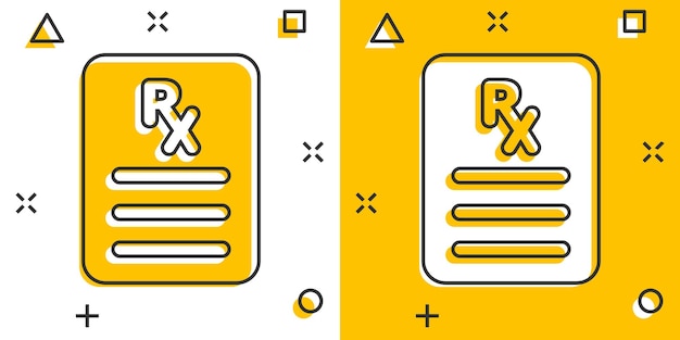 Ícone de prescrição em estilo cômico ilustração vetorial de desenho de documento rx em fundo branco isolado conceito de negócio de efeito de respingo de papel