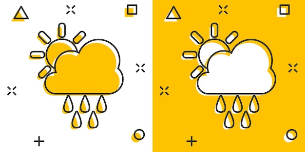 Ícone de previsão do tempo de desenho vetorial em estilo cômico sol com ilustração de conceito de nuvens pictograma nuvem com conceito de efeito de respingo de negócios de chuva